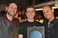Daniel, winner of the Coffee Stops Awards "Best London Coffee Blogger", flanked by the two bloggers he pipped for the award, yours truly, and Jonny of London Cafe Review. 