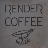 The Render Coffee logo, from the sign outside. The words RENDER COFFEE above a line-drawing of an anvil.
