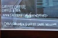The writing on the window says all I need to know about Brew's attitude: "Coffee, Coffee, Coffee & Tea. Dogs, Children & Coffee Snobs Welcome."