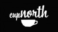 A stylised outline of a white cup on a black background with letters cupnorth written above it (also in white).