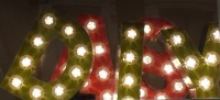 The letters DAISY, illuminated with light bulbs, with the DIY in green and the AS in red