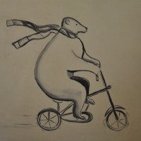 A pencil drawing of a large bear with scarf streaming behind it, as it peddles an under-sized bicycle.