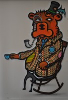 A stylised bear with very short legs sitting in a rocking chair and drinking a cup of espresso. The bear is wearing a smoking jacket, (small) top hat and a monocle and is smoking a pipe.