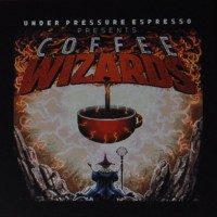 A wizard is shown underneath a large coffee cup. This is surrounded by lightning and is being filled by a stream of coffee from above.