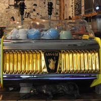 The beautiful and beautifully restored two group 1950s Gaggia lever espresso machine at Doctor Espresso N3.