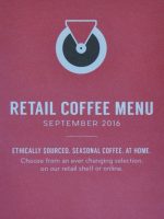 The front of the Retail Coffee Menu (September 2016) from Hot Numbers cafe/roastery on Trumpington Street, Cambridge.
