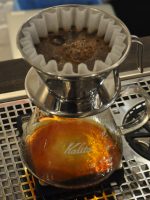 One of Made by [H]and Coffee's handmade Kalita Wave filters brewing away at it's pop-up in UniQlo on Oxford Street in March 2017.