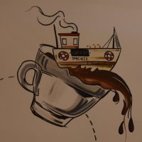 Detail of the wall art in the back room of Faro in Rome, showing part of coffee's journey from plant to cup. Here the coffee is being shipped from origin.