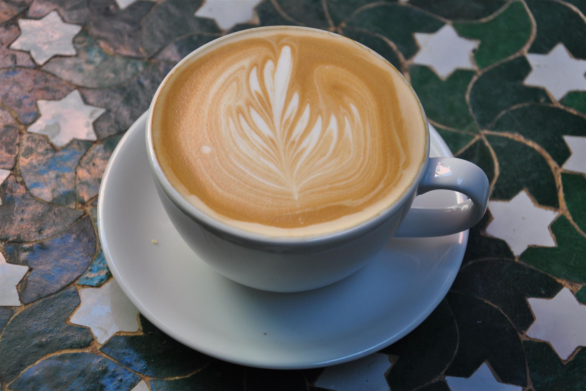 A latte with a fern-leaf motif in the milk
