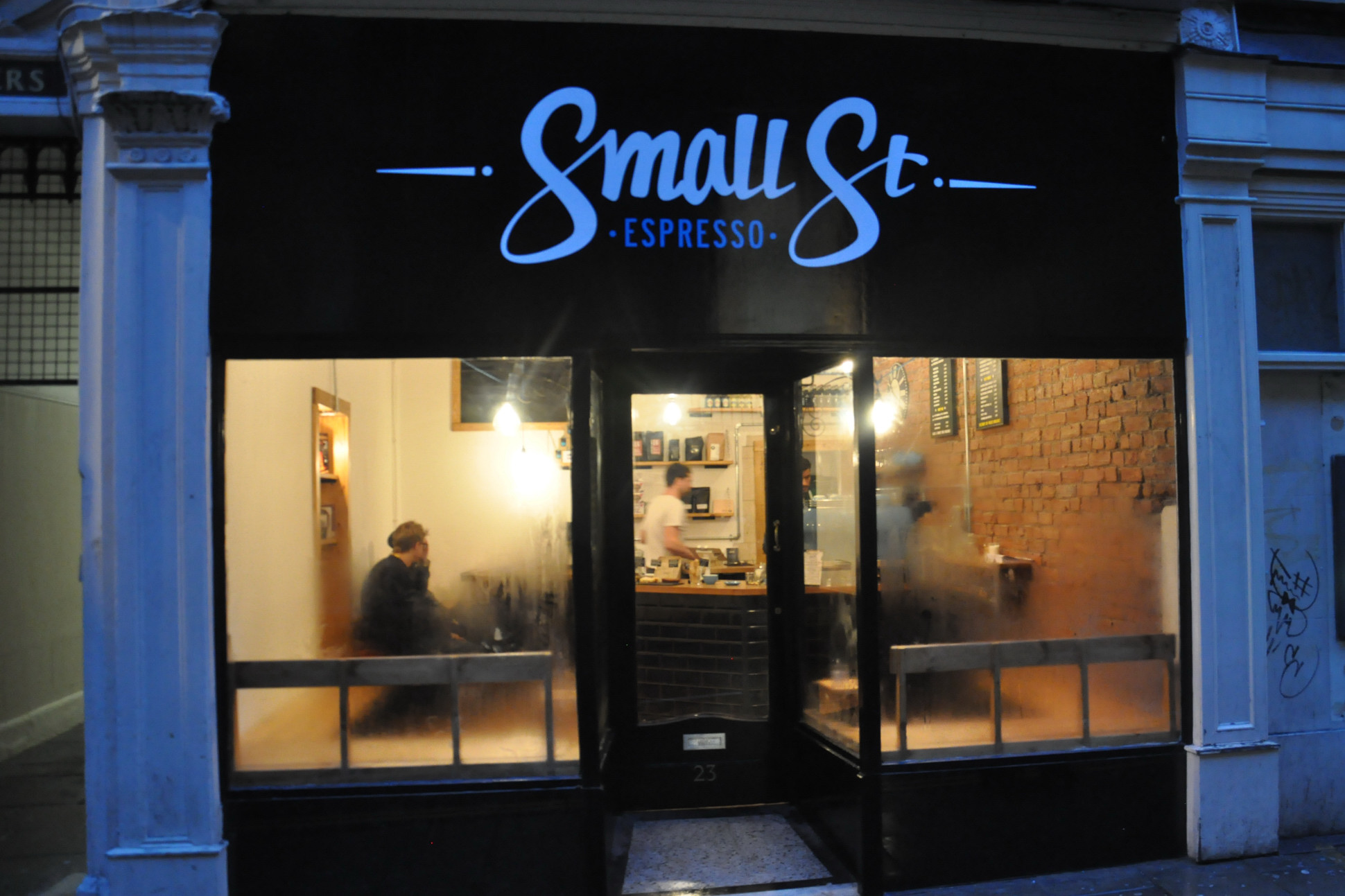 The exterior view of Small St Espresso on a rainy December day in Bristol