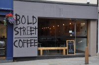 The exterior of Bold Street Coffee, proudly proclaiming itself, on Bold Street, Liverpool