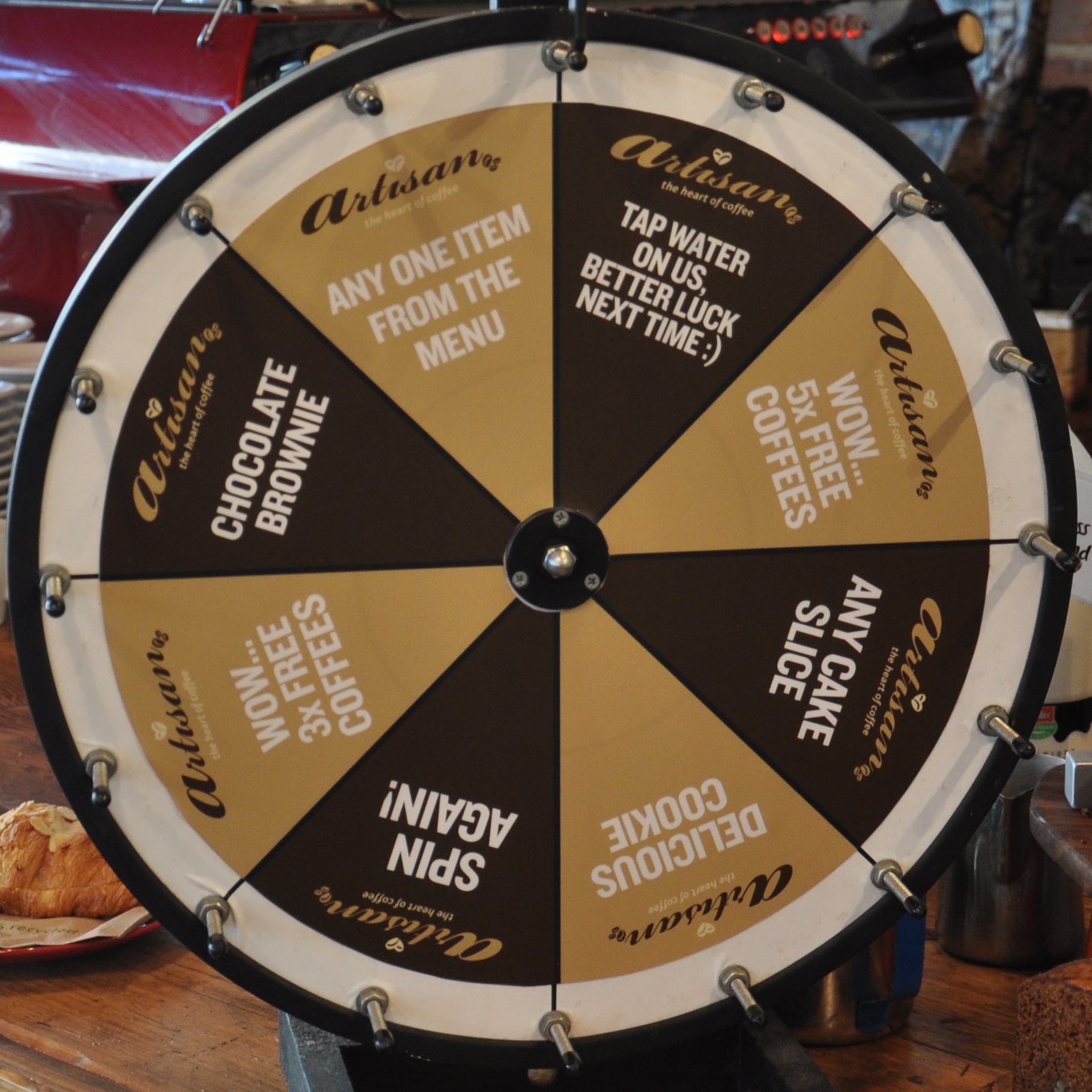 An eight segment wheel with various rewards such as free coffee, cake or any item from the menu.