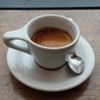 A shot of Intelligentsia's Black Cat seasonal espresso blend served by Gasoline Alley in a white cup with oversized handle, the beautifully-mottled crema clearly visible.