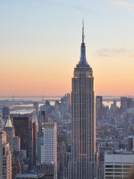 The Empire State Building in New York City, seen at dusk looking south from the top of the Rockefeller Center 