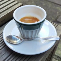 An espresso at London's Expresso Base, in an interesting, ribbed, handleless cup