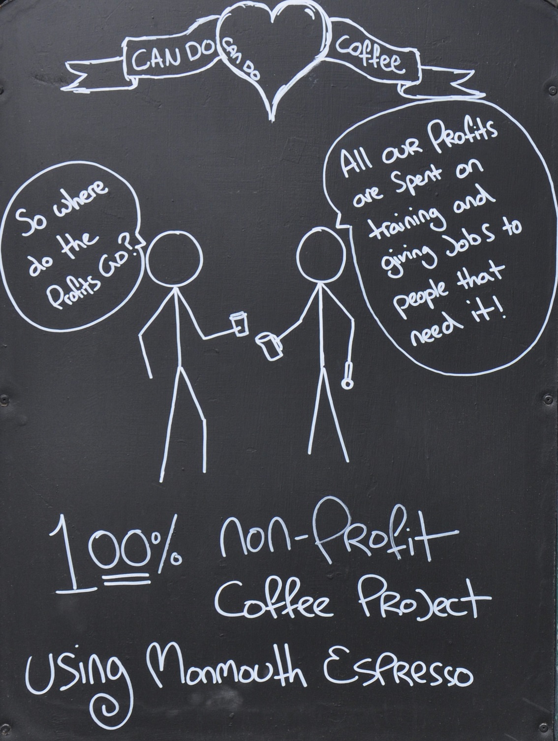 An A-board showing two stick figures talking. The first asks "So where do the profits go?" and the second answers "All our profits are spent on training and giving jobs to people that need it!". Underneath it says "100% non-profit coffee project using Monmouth espresso".