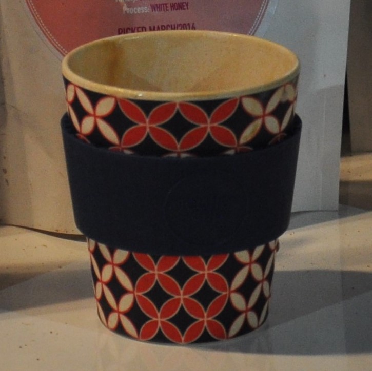 My new Ecoffee Cup, made from bamboo fibre, in action at the Notes stall in Borough Market.