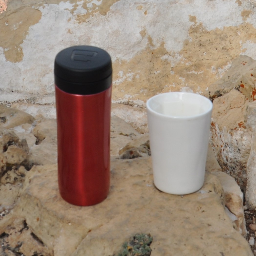 My Travel Press (left) on the southern rim of the Grand Canyon with my Therma Cup.