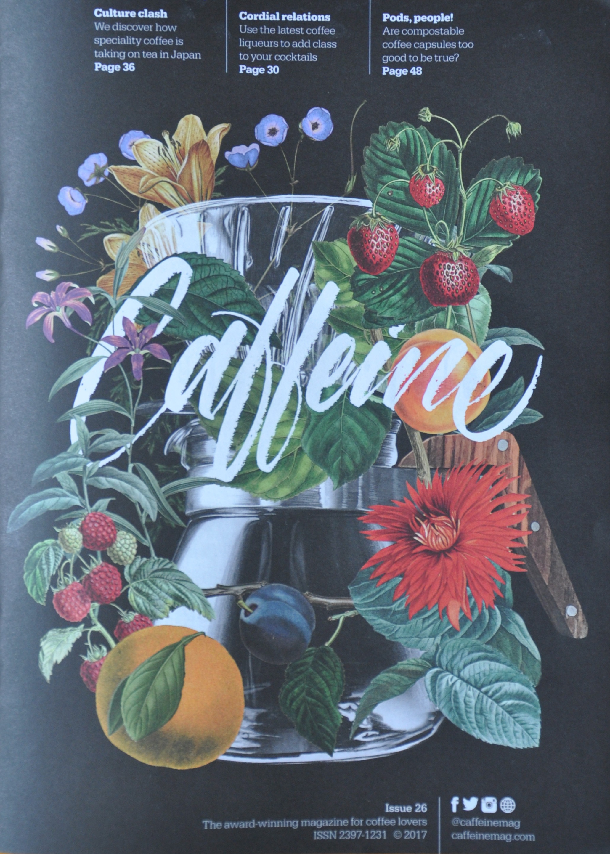 The striking new design on the front cover of Caffeine Magazine, Issue 26