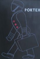 A chalk outline of an old fashioned porter, case in hand, from the sign of Porter, in Madison.