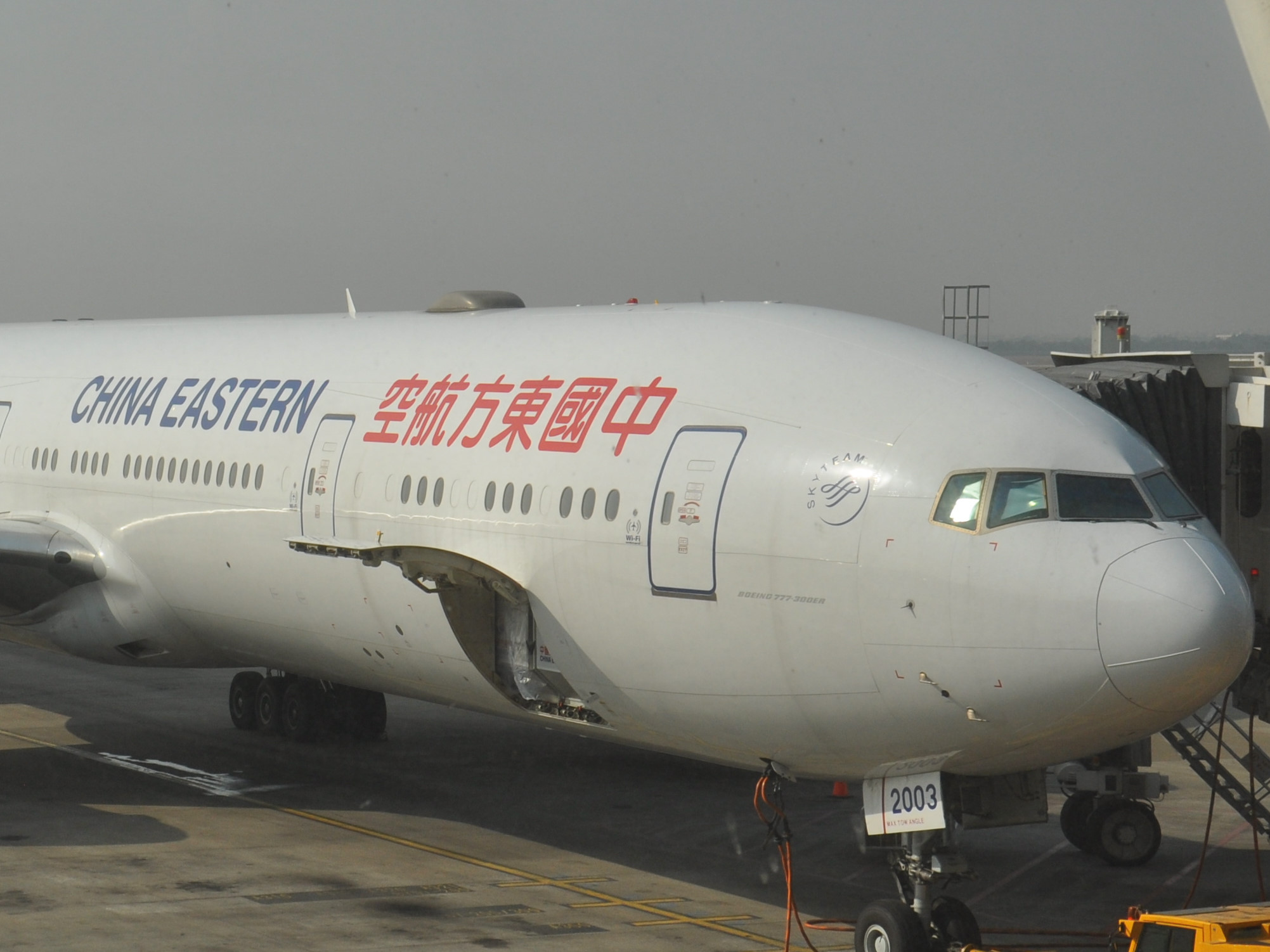 My China Eastern Boeing 777 waiting to take me back to London Heathrow from Shanghai's Pudong Airport.