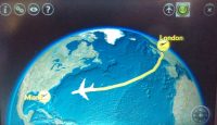 A screen shot of the travel map during my flight from London to Miami with British Airways. Here the plane is over the Atlantic, about 3/4 of the way to Miami.