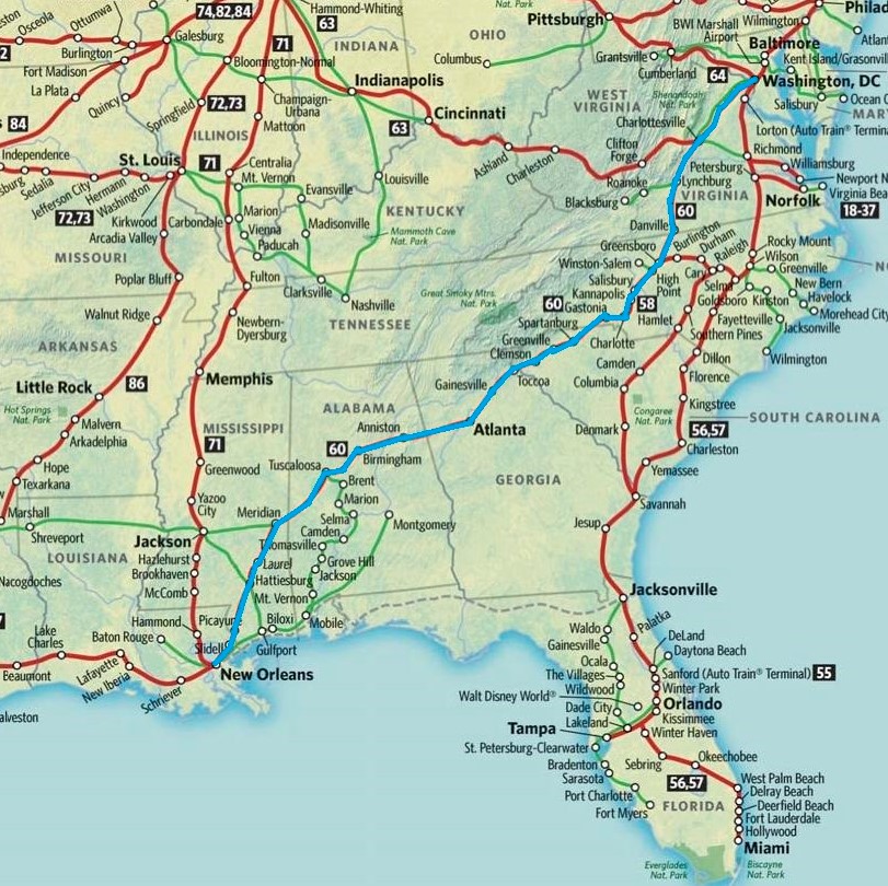 A portion of Amtrak's national route map, showing my route on the Crescent service from Washington DC to New Orleans highlighted in blue.