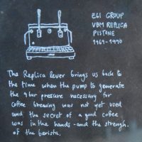 The information plaque on the counter at Graph Cafe, extolling the virtues of its lever espresso machine.