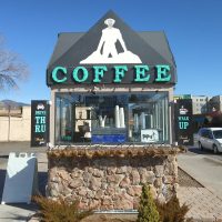 The drive-through (and walk-by) kiosk of Matador Coffee Roasting Co of Flagstaff, Arizona.