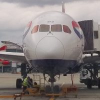 My ride to Bangkok, a British Airways 777-200, sitting at the gate at Heathrow Terminal 5.
