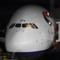The nose of my British Airways Airbus A380-800 on the stand at Chicago's O'Hare Airport, waiting to fly me back to London.
