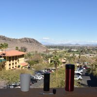 My coffee enjoys the view from the balcony of my room at the Pointe Hilton Tapatio Cliffs Resort in Phoenix, looking north just after at dawn.