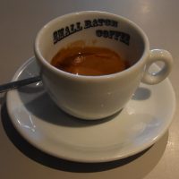 The classic Goldstone espresso blend in a classic Small Batch Coffee espresso cup, served at the Goldstone Villas branch, the original Small Batch Coffee espresso bar & roastery.