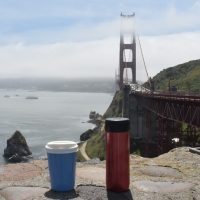 My Therma Cup and Travel Press take in the views of the Golden Gate Bridge and, in the fog on the other side, northern San Francisco on their way to hiking in Muir Woods, April 2019.