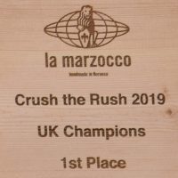 The trophy for the first ever UK Crush the Rush competition, held at Out of the Box in Tonbridge, 2019.