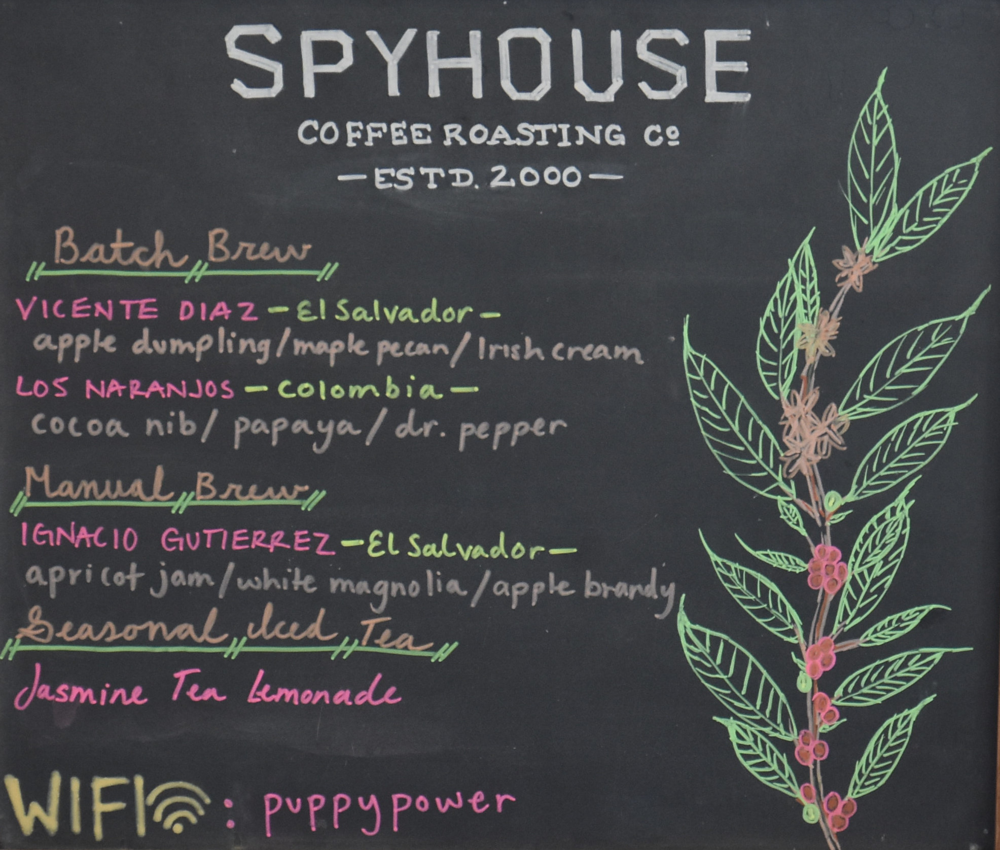 Details of the single-origin coffees available at Spyhouse Coffee in St Paul, two on batch brew, one on pour-over, during my visit in September 2018.