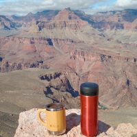 My Global WAKEcup and Travel Press look down into the Grand Canyon from Skeleton Point, the furthest point of my hike along the South Kaibab Trail. Looking to the right of the Travel Press, you can see the Colorado River at the bottom of the Grand Canyon.