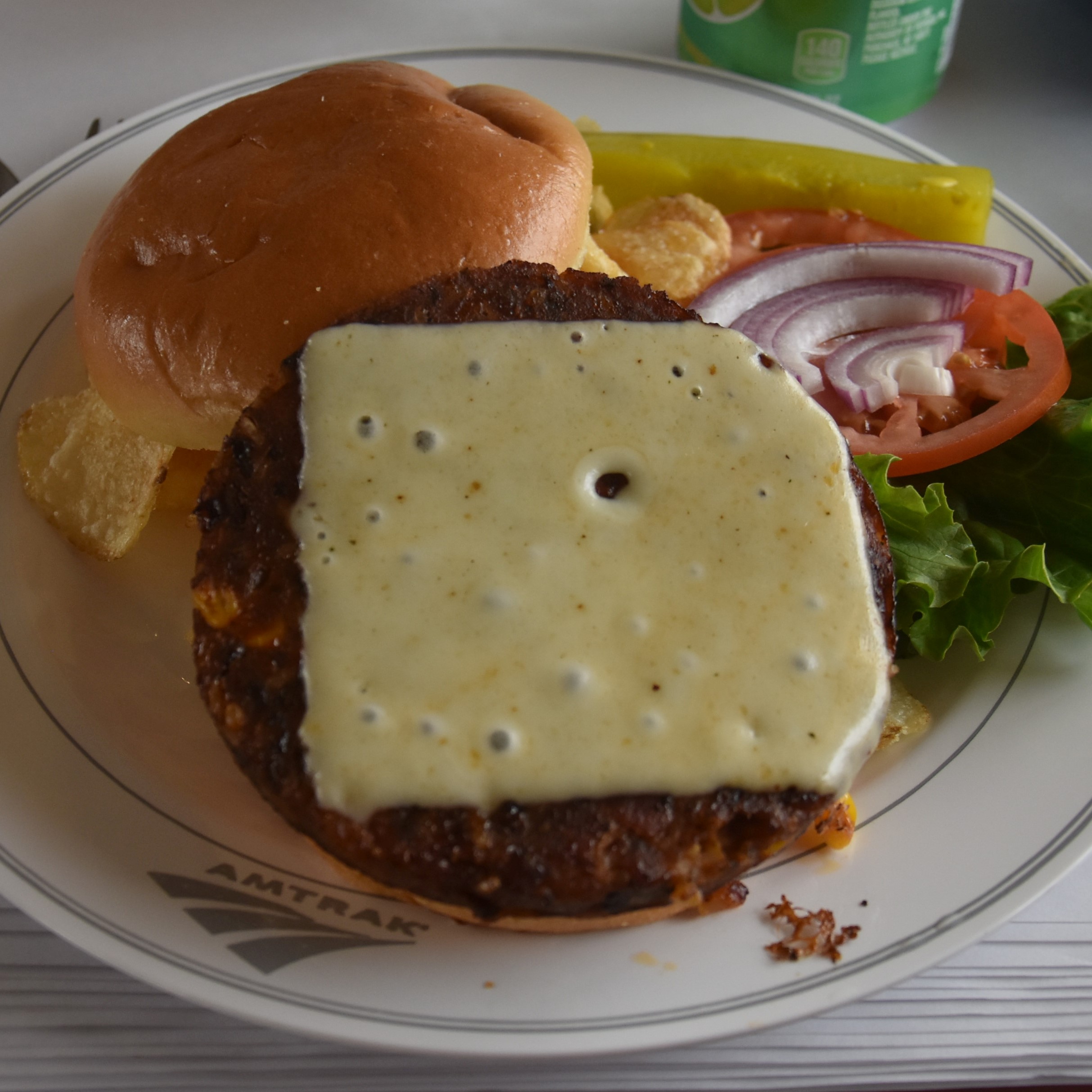 The black bean and corn veggie burger, from Amtrak's lunch menu, served on the California Zephyr, April 2019, en-route to Chicago.