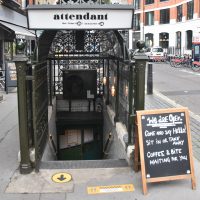 The entrance to Attendant on Foley Street in Fitzrovia, not long after reopening during the COVID-19 pandemic.
