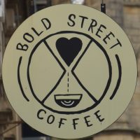 The Bold Street Coffee sign, back outside the shop on Bold Street, Liverpool.