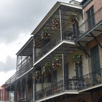 Traditional wrought iron balconies in the French Quarter of New Orleans.