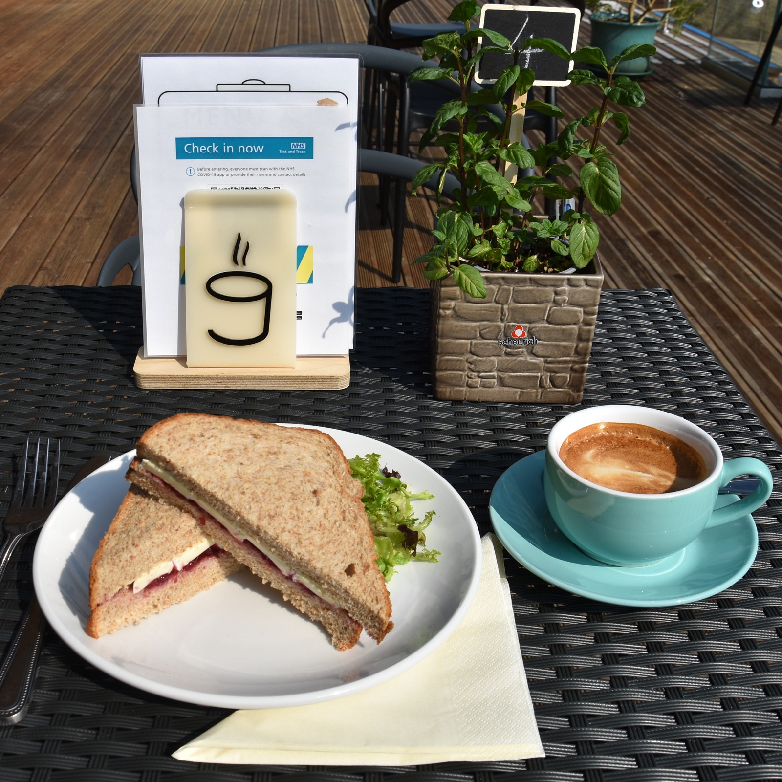 My brie and cranberry sandwich, along with my flat white, sitting in the sun on the patio at Open Grounds Café.