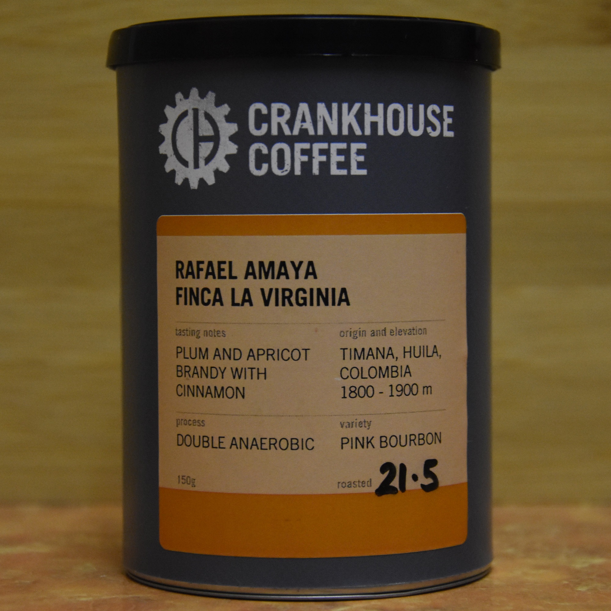 The front of a tin of coffee from Crankhouse Coffee, in this case the Finca La Virginia from Rafael Amaya in Timana in the Huila region of Colombia. It is a double anaerobic processed pink bourbon variety with tasting notes of plum and apricot brandy with cinnamon.