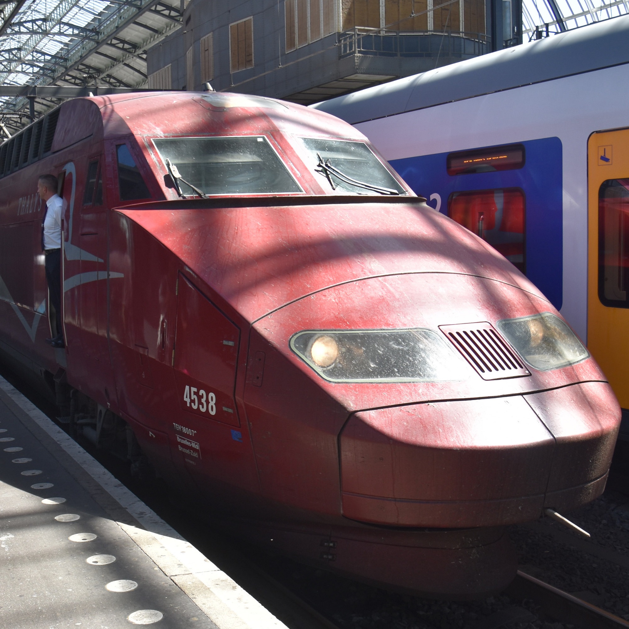 The front power car of a Thalys TGV-R, No 4538, waiting at Amsterdam Centraal before the start of its journey to Lille-Europe in June 2018.