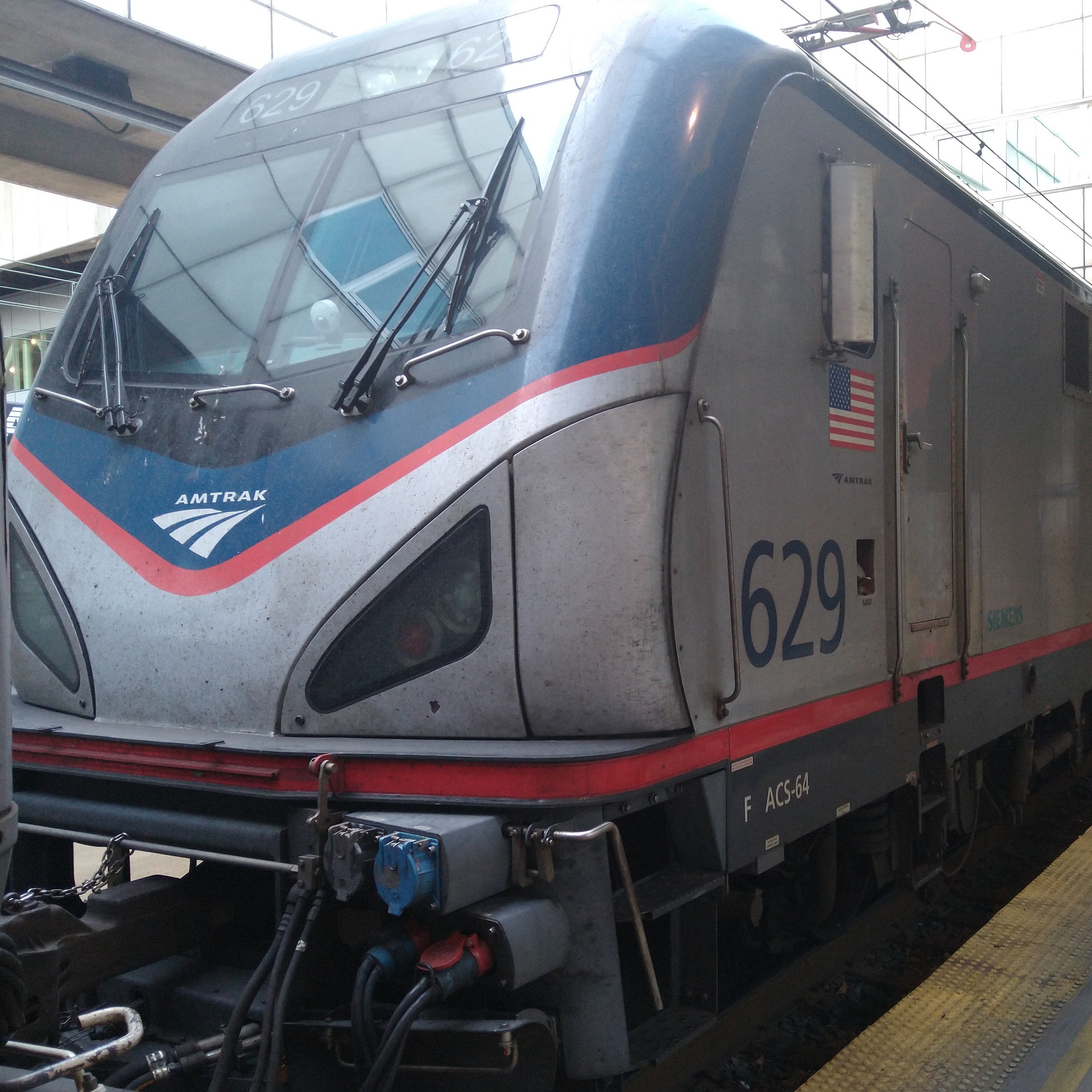 Amtrak Locomotive 629, a Siemens Sprinter ACS-64, which was at the front of Northeast Regional 65 at Washington DC's Union Station.
