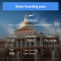 My online boarding pass for my flight to Boston with British Airways, departing at 16:40 from London Heathrow. The bulding in the background is the Massachusetts State House.