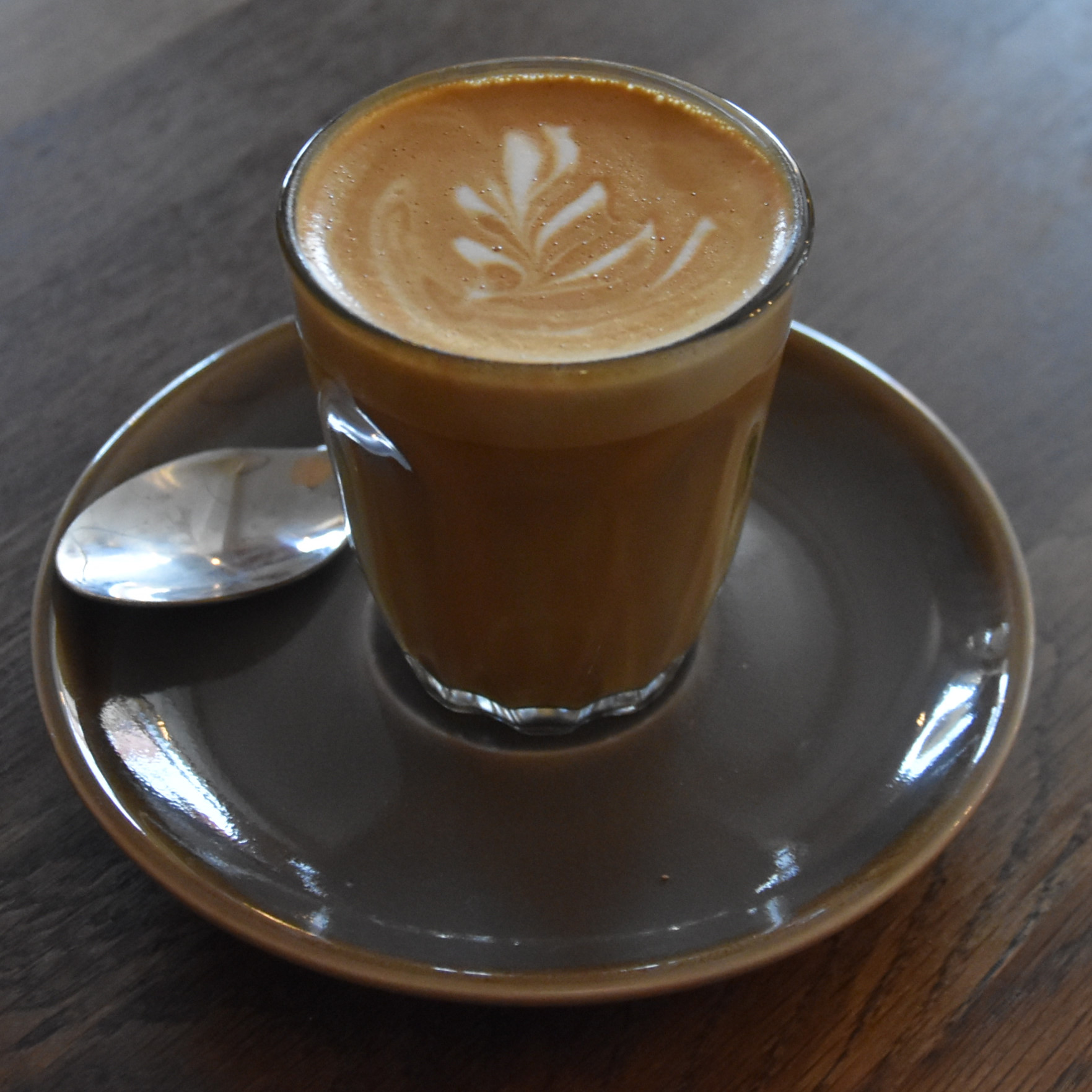 A lovely cortado made with the Dé Jà Brew house blend and served in a glass at Elephant Coffee in Neston.