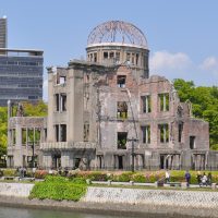 The Atomic Bomb Dome, also known as the Hiroshima Peace Memorial, is what remains of the Industrial Promotion Hall, destroyed by the first atomic bomb to be used in World War II.