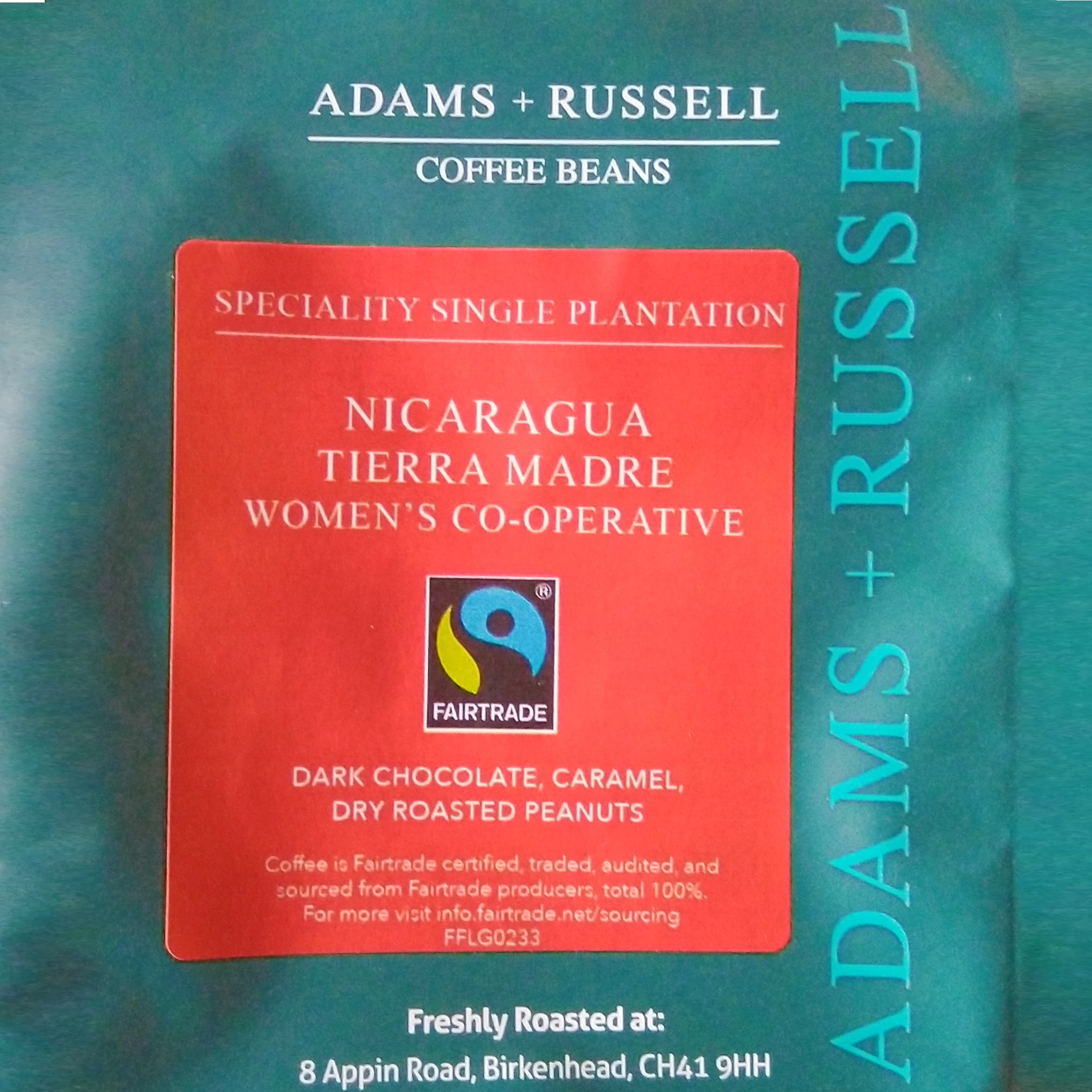 The front of a bag of the Tierra Madre, a washed coffee from a Women’s Co-operative in Nicaragua, roasted for espresso by Adams + Russell in Birkenhead.