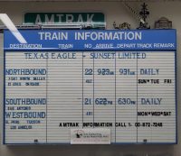 The departures board at Austin Station, where there are a total of two trains a day, the northbound Texas Eagle in the morning and its southbound counterpart in the evening.